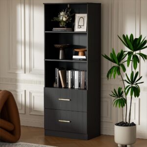 housoul black bookshelf with drawers, 63" tall bookshelf with storage, 3 shelf bookcase with adjustable shelf, 3 tier modern bookshelf, open shelves bookcase, unique bookshelf for bedroom & office