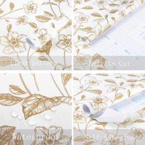 Heroad Brand Floral Peel and Stick Wallpaper Boho Contact Paper White and Gold Leaf Wallpaper Clearance Peel and Stick Wallpaper for Cabinets Shelf Liner Vinyl Roll Self Adhesive 78.7"x17.3"