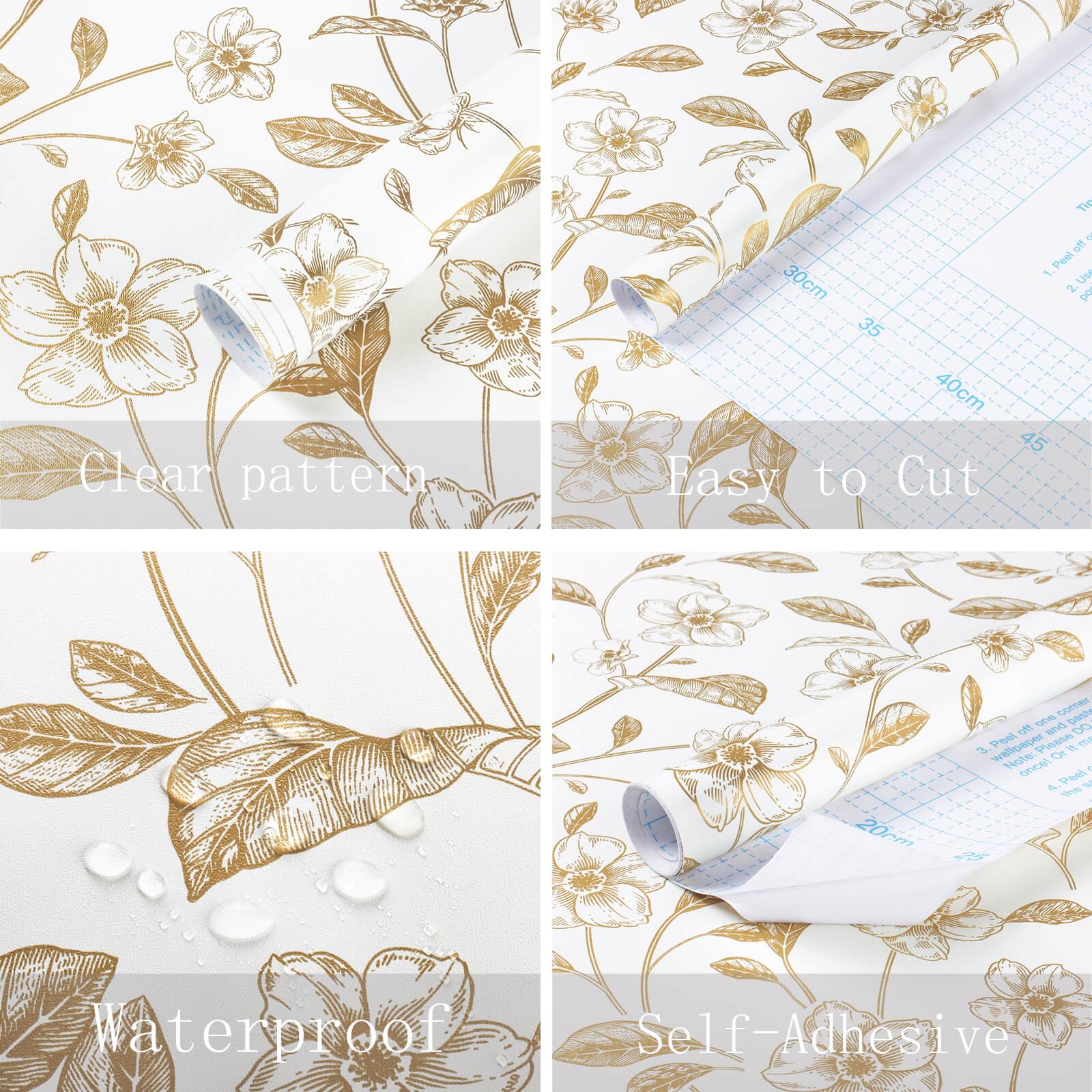 Heroad Brand Floral Peel and Stick Wallpaper Boho Contact Paper White and Gold Leaf Wallpaper Clearance Peel and Stick Wallpaper for Cabinets Shelf Liner Vinyl Roll Self Adhesive 78.7"x17.3"