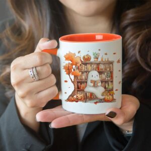 Hyturtle Fall Halloween Coffee Mug - Cute Ghost Reading Book Mug - Maple Leaves Spooky Pumpkin Gifts For Men Women On Halloween Birthday Christmas - 11oz Two Tone Orange/White Ceramic Coffee Tea Cup