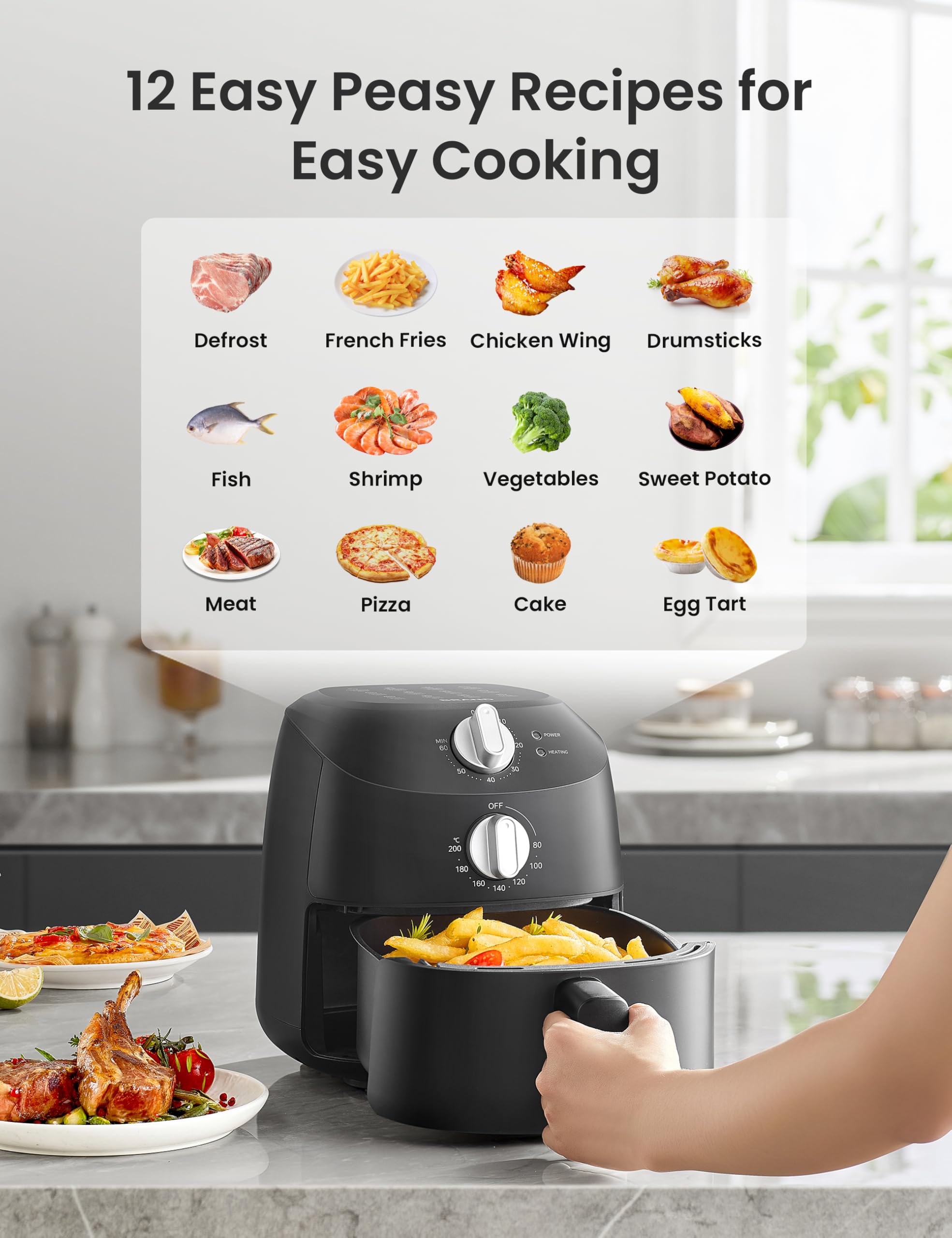 COMFEE' Compact 2.2 Quart Air Fryer with 12 Menu Options, Adjustable Timer & Temperature Control 180-400 degrees F, Dishwasher-Safe Nonstick Fry Basket with Stainless Steel Finish