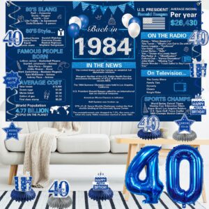 Crenics 40th Birthday Decorations for Men Women - Blue Back in 1984 Birthday Backdrop, 40th Birthday Banner, Hanging Swirls, Honeycomb, Sash and Cake Topper for 1984 Birthday Decorations