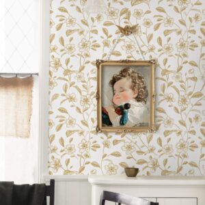 Heroad Brand Floral Peel and Stick Wallpaper Boho Contact Paper White and Gold Leaf Wallpaper Clearance Peel and Stick Wallpaper for Cabinets Shelf Liner Vinyl Roll Self Adhesive 78.7"x17.3"