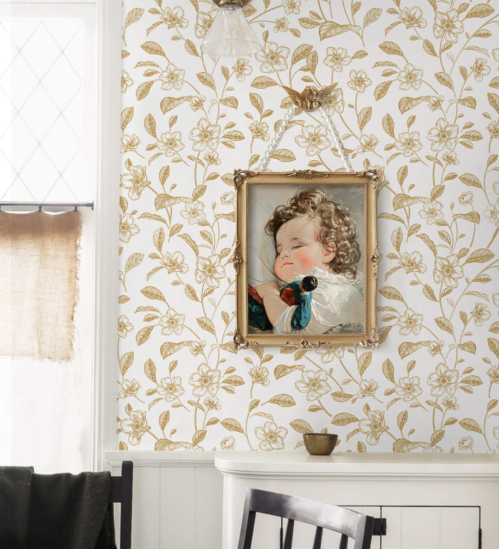 Heroad Brand Floral Peel and Stick Wallpaper Boho Contact Paper White and Gold Leaf Wallpaper Clearance Peel and Stick Wallpaper for Cabinets Shelf Liner Vinyl Roll Self Adhesive 78.7"x17.3"