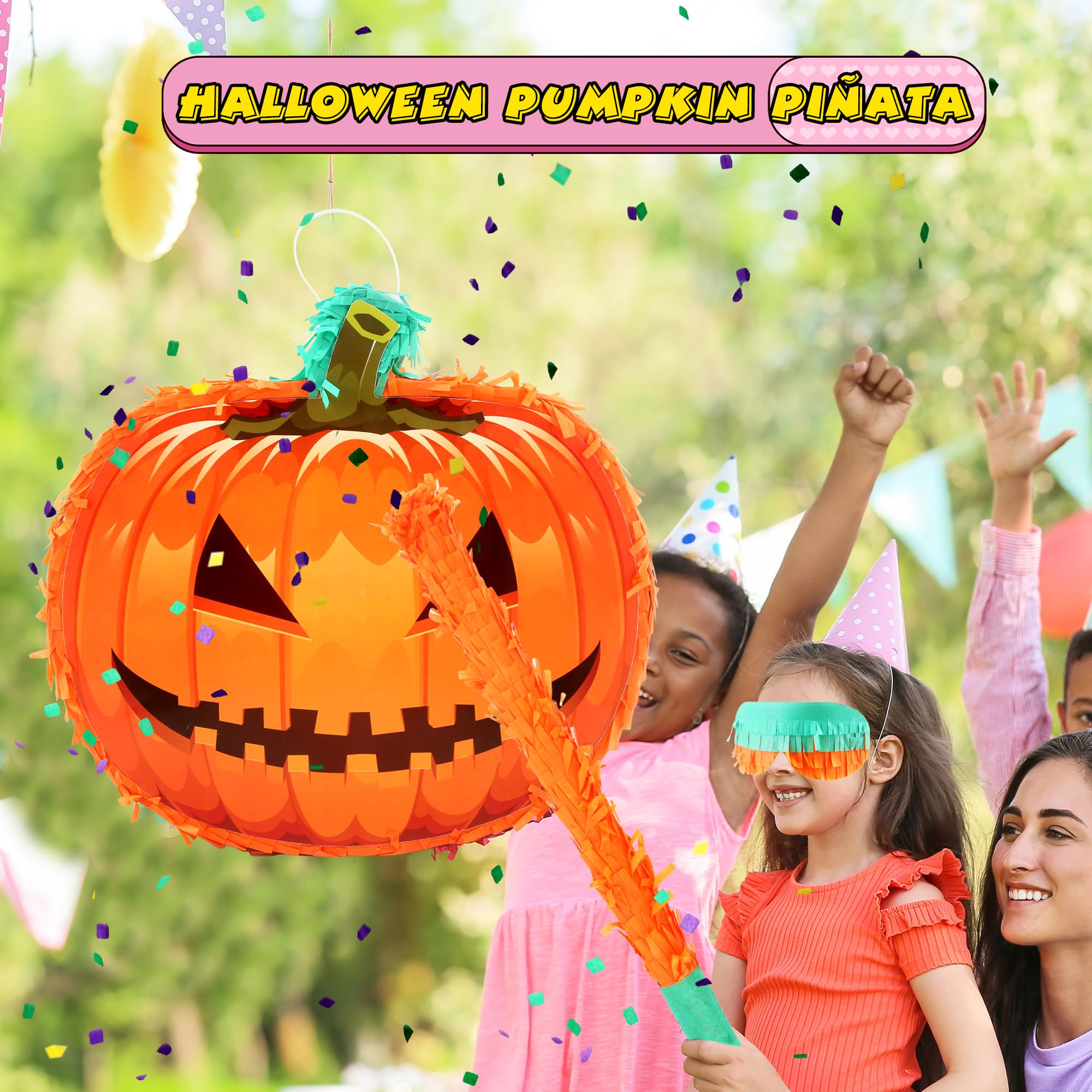 Halloween Pumpkin Pinata with Pinata Stick Confetti Blindfold Halloween Hanging Pinata for Halloween Birthday Party Supplies Photo Prop