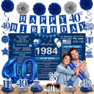 Crenics 40th Birthday Decorations for Men Women - Blue Back in 1984 Birthday Backdrop, 40th Birthday Banner, Hanging Swirls, Honeycomb, Sash and Cake Topper for 1984 Birthday Decorations