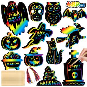 yegeer 48pcs halloween craft kit for kids, magic scratch off paper hanging halloween ornaments set with 24pcs wooden stylus 48pcs cords for halloween games, halloween party favors, art craft supplies