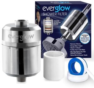 everglow high-output shower filter, 100% removes chlorine, moisturizes dry itchy skin, skin and hair, helps with dandruff, eczema and vitamin c infused and water softener, 4.7” - chrome