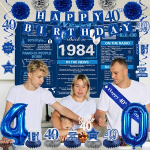 Crenics 40th Birthday Decorations for Men Women - Blue Back in 1984 Birthday Backdrop, 40th Birthday Banner, Hanging Swirls, Honeycomb, Sash and Cake Topper for 1984 Birthday Decorations