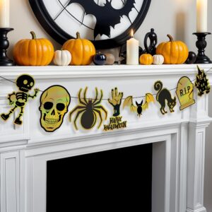 katchon, iridescent black and gold halloween garland - huge 10 feet, no diy | black garland halloween decor for halloween decorations indoor | halloween skull garland for halloween party decorations