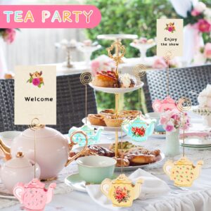 12 Pcs Teapot Wooden Place Card Holder Tea Floral Party Wooden Table Sign Teapot Picture Number Sign Stands Holder for Wonderland Tea Party Baby Shower Tea Party Name Holders