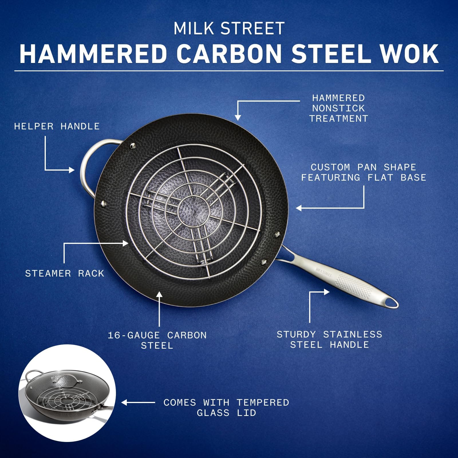 Milk Street 3-Piece 13-Inch Wok Body, Hammered Carbon Steel Flat Bottom Wok, Ideal for Stovetop Cooking