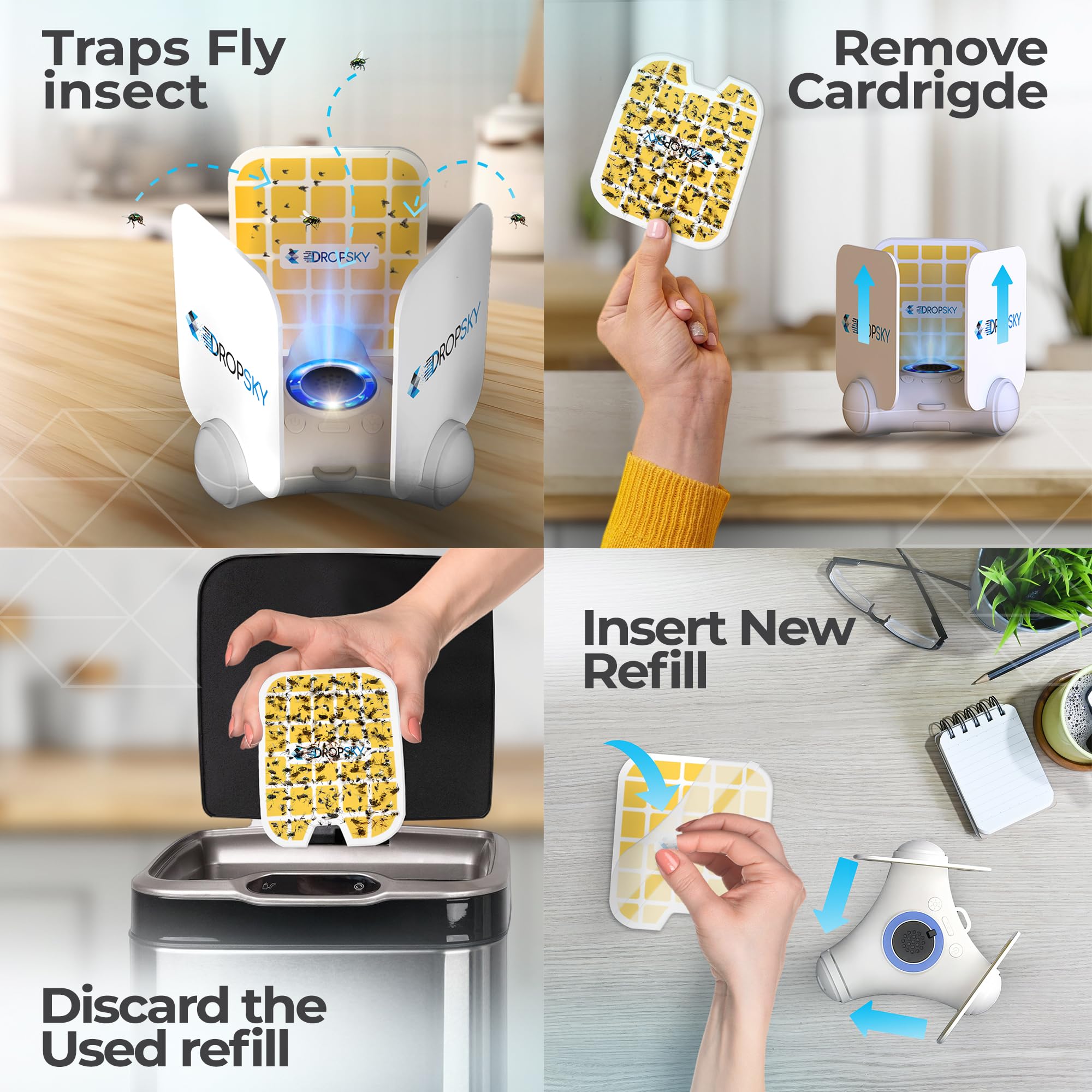 Dropsky 360 Portable Flying Insect Trap, Gnat Traps for House Indoor & Outdoor- Higher Coverage Blue Light Fly Trap- Get Rid of Flies- Safe for Pets & Kids- Fly Trap + 3 Glue Cards+ USB+Cable Charger​