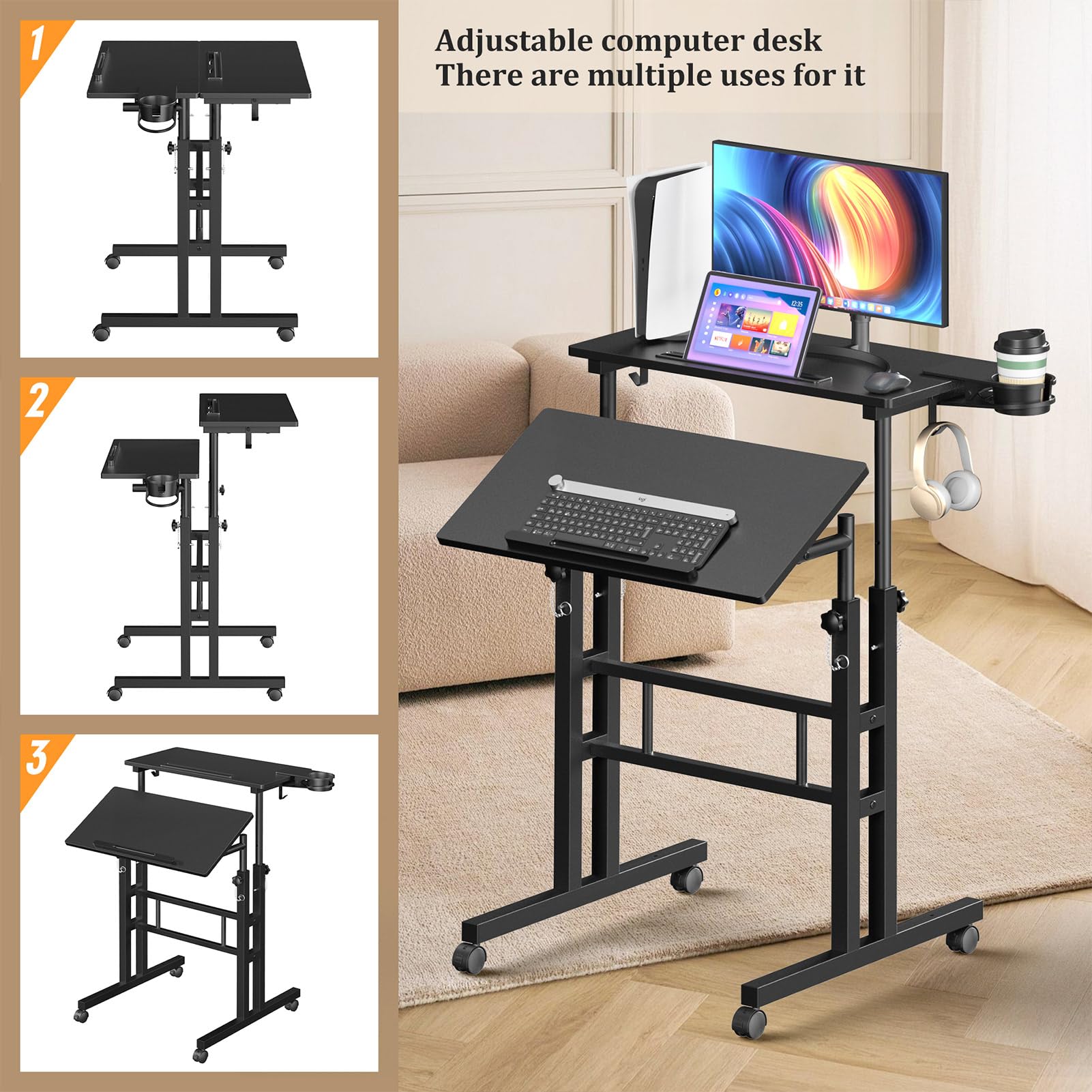 Small Standing Desk with Wheels, Stand Up Desk, Mobile Desk, Portable Standing Desk on Wheels, Standing Desk for Walking Pad, Rolling Desk Adjustable Height, Rolling Computer Desk, Tall Desk on Wheels