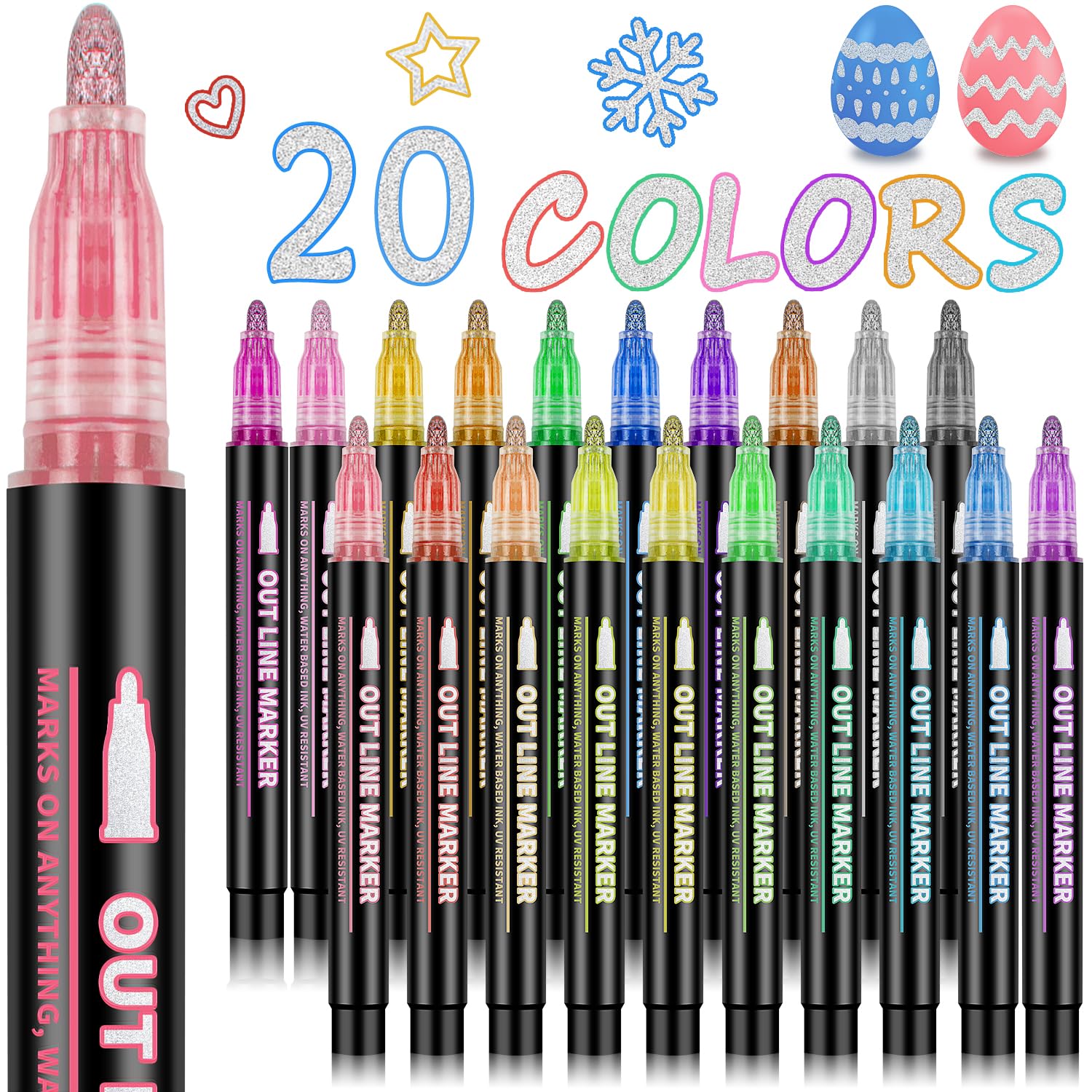 20 Colors Glitter Markers Outline Pens Shimmer Metallic Markers Drawing Crafts Art Supplies Trendy Gift Idea for Girls Teens Birthday Christmas Stocking Stuffers Easter