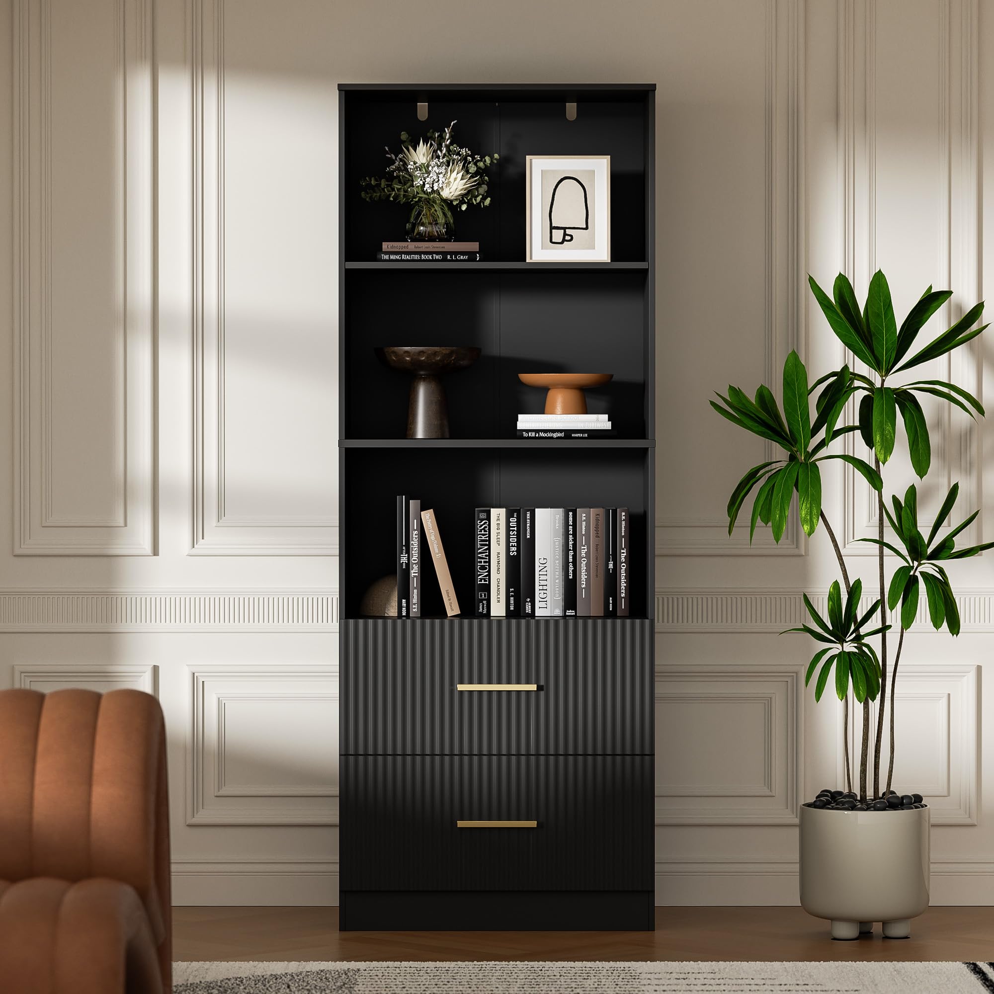 Housoul Black Bookshelf with Drawers, 63" Tall Bookshelf with Storage, 3 Shelf Bookcase with Adjustable Shelf, 3 Tier Modern Bookshelf, Open Shelves Bookcase, Unique Bookshelf for Bedroom & Office