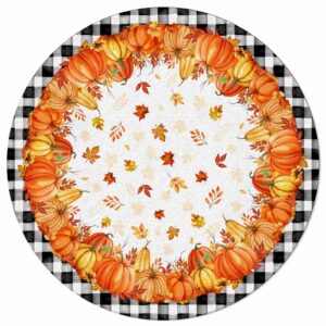 Huotupsine Fall Thanksgiving Round Area Rugs, Orange Pumpkins Maple Leaf Black Plaid Non-Skid Children Playing Mat, 3ft Soft Circle Farmhouse Rugs for Living Room, Bedroom, Dining Room