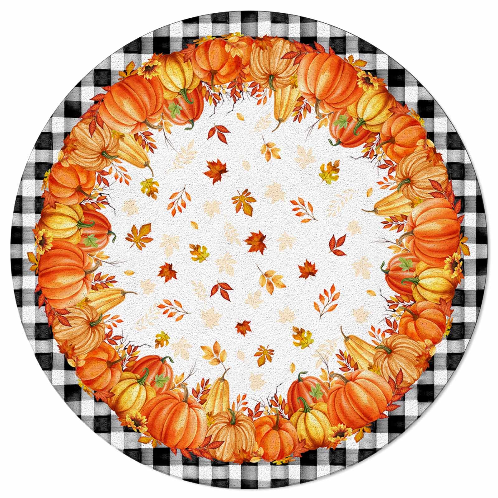 Huotupsine Fall Thanksgiving Round Area Rugs, Orange Pumpkins Maple Leaf Black Plaid Non-Skid Children Playing Mat, 3ft Soft Circle Farmhouse Rugs for Living Room, Bedroom, Dining Room