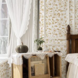 Heroad Brand Floral Peel and Stick Wallpaper Boho Contact Paper White and Gold Leaf Wallpaper Clearance Peel and Stick Wallpaper for Cabinets Shelf Liner Vinyl Roll Self Adhesive 78.7"x17.3"