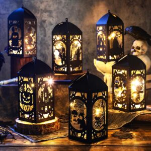 Glooglitter 6 Pcs Halloween Paper Lantern Halloween Table Centerpieces Spooky Halloween Lanterns with LED String Lights Spooky Skeleton Owl Bat Castle Pumpkin Party Decoration