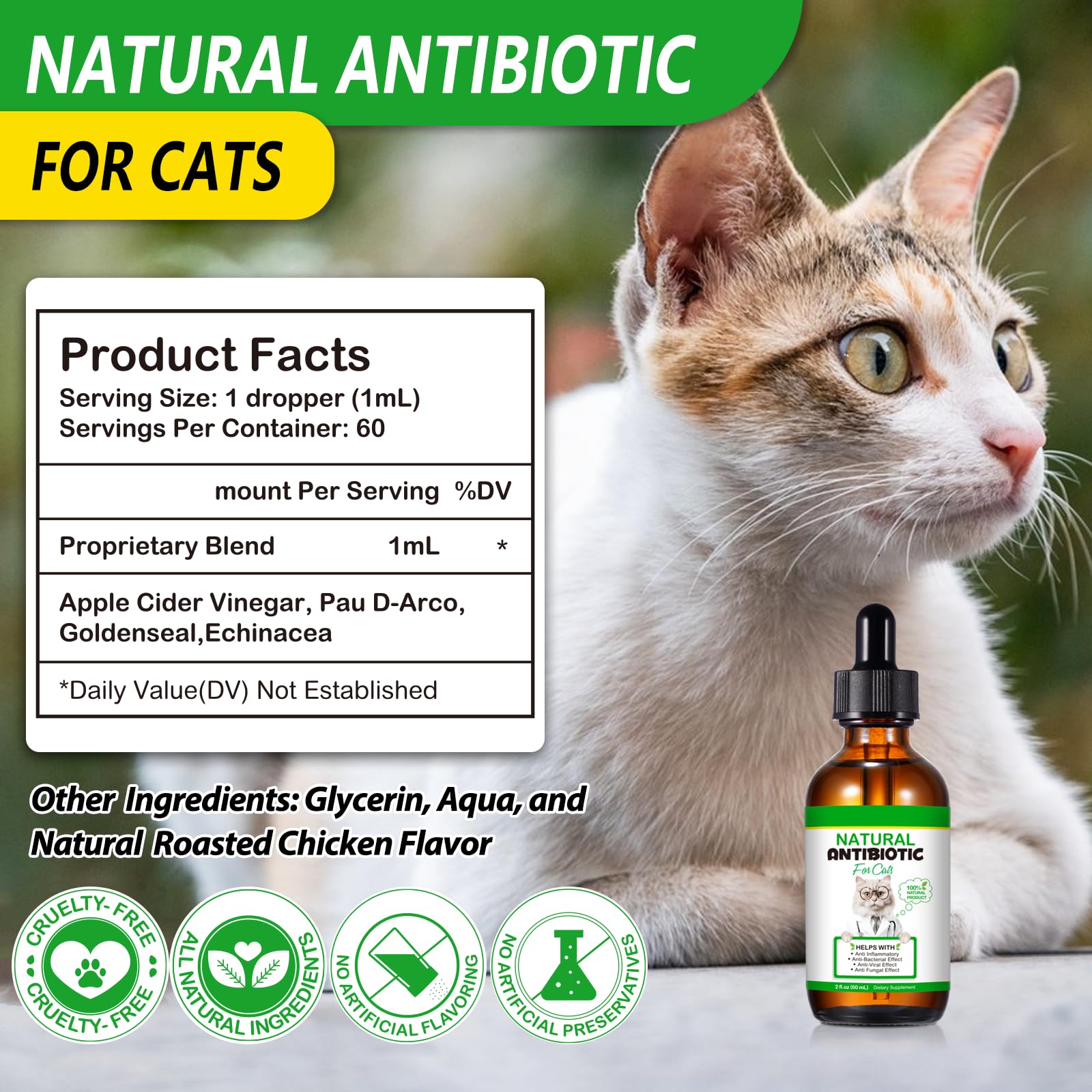 Antibiotics for Cats, 2 Oz Natural Cat Antibiotics Supports for UTI Cat Immune Support, Cat Multivitamin, Cat Itch Relief, Cat Allergy Support, Chicken Flavor