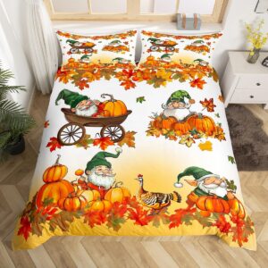 thanksgiving autumn duvet cover set king size,gnome fall harvest pumpkin bedding set,boys girls room decor,turkey maple leaves comforter cover,orange quilt cover,2 pillowcases(no comforter)