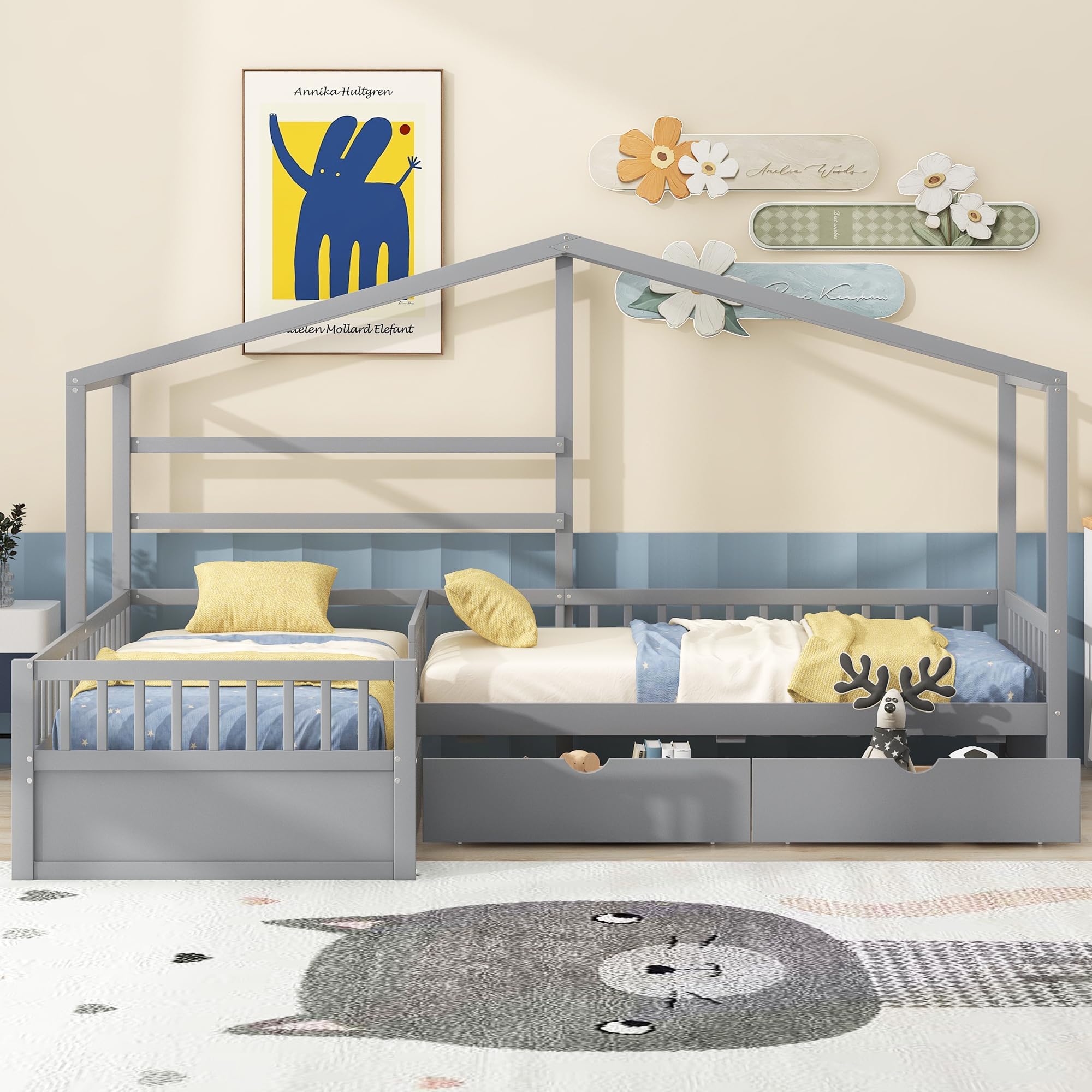 Merax House Bed for 2 Kids Twin Size, Wood L-Shaped Double Platform Bed with 3 Storage Drawers, for Boys Girls Teens, Grey