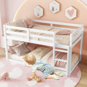 Bunk Bed Twin Over Twin, Floor Bunk Bed with Ladder, Solid Rubber Wooden Low Twin Bunk Beds for Kids Teens , Ideal for Multiple-Child Family, Apartment, Dormitory, No Box Spring Needed,White