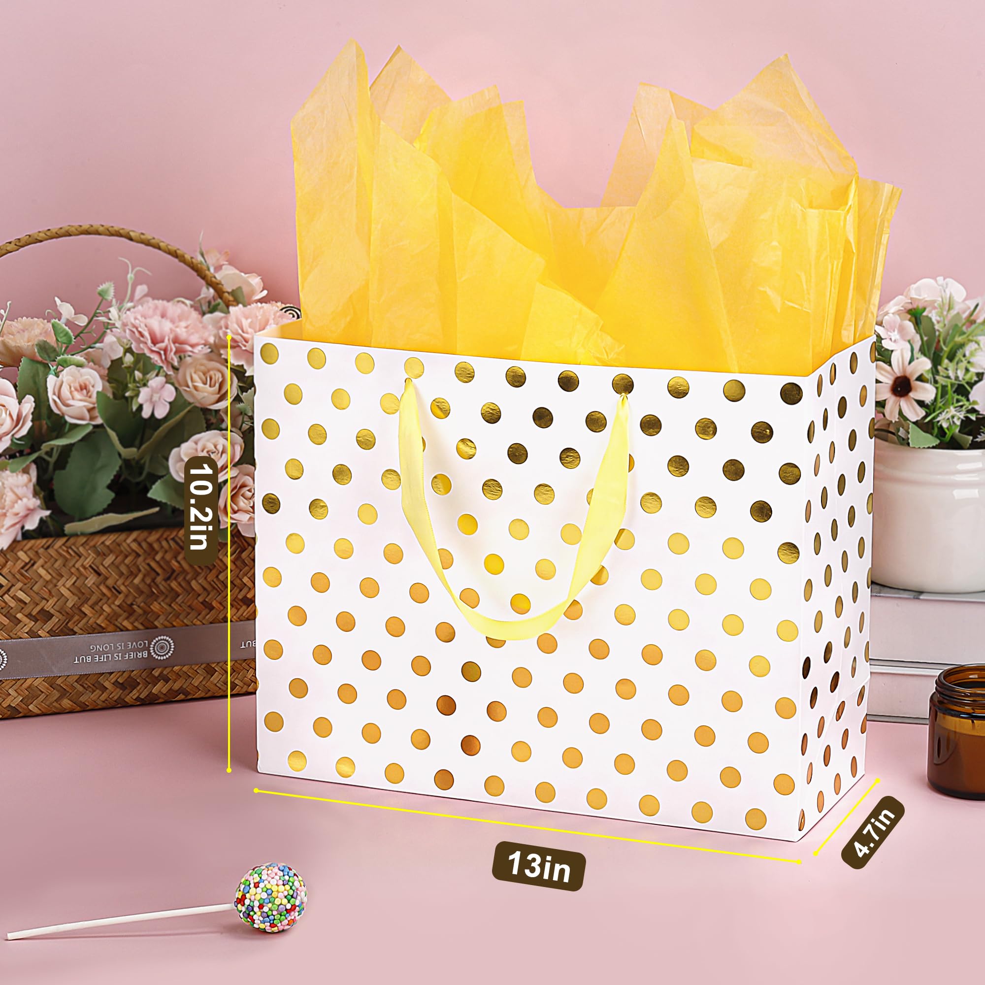 MOXARYSU Large Gift Bags With Handles: 5 Pack 13X4.7X10.2 Metallic Polka Dot Gift Bags With 15 Tissue Paper （5 Colors）