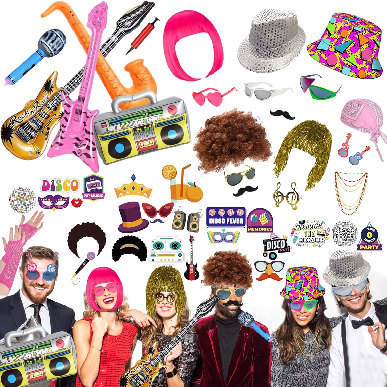 50 Pcs Rock Party Photo Booth Props Set for Adults, Funny Rock Star Party Sunglasses, Hats, Wigs, Inflatable, Photo Booth Props Kits for Graduation, Wedding, Birthday, Bachelorette and All Occasions