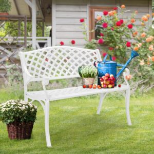 VINGLI 40.5" Outdoor Bench Patio Garden Bench, Anti- Rust Cast Aluminum Patio Bench Front Porch Bench for Yard Lawn Entryway Deck (White)