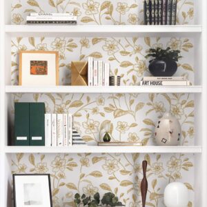 Heroad Brand Floral Peel and Stick Wallpaper Boho Contact Paper White and Gold Leaf Wallpaper Clearance Peel and Stick Wallpaper for Cabinets Shelf Liner Vinyl Roll Self Adhesive 78.7"x17.3"