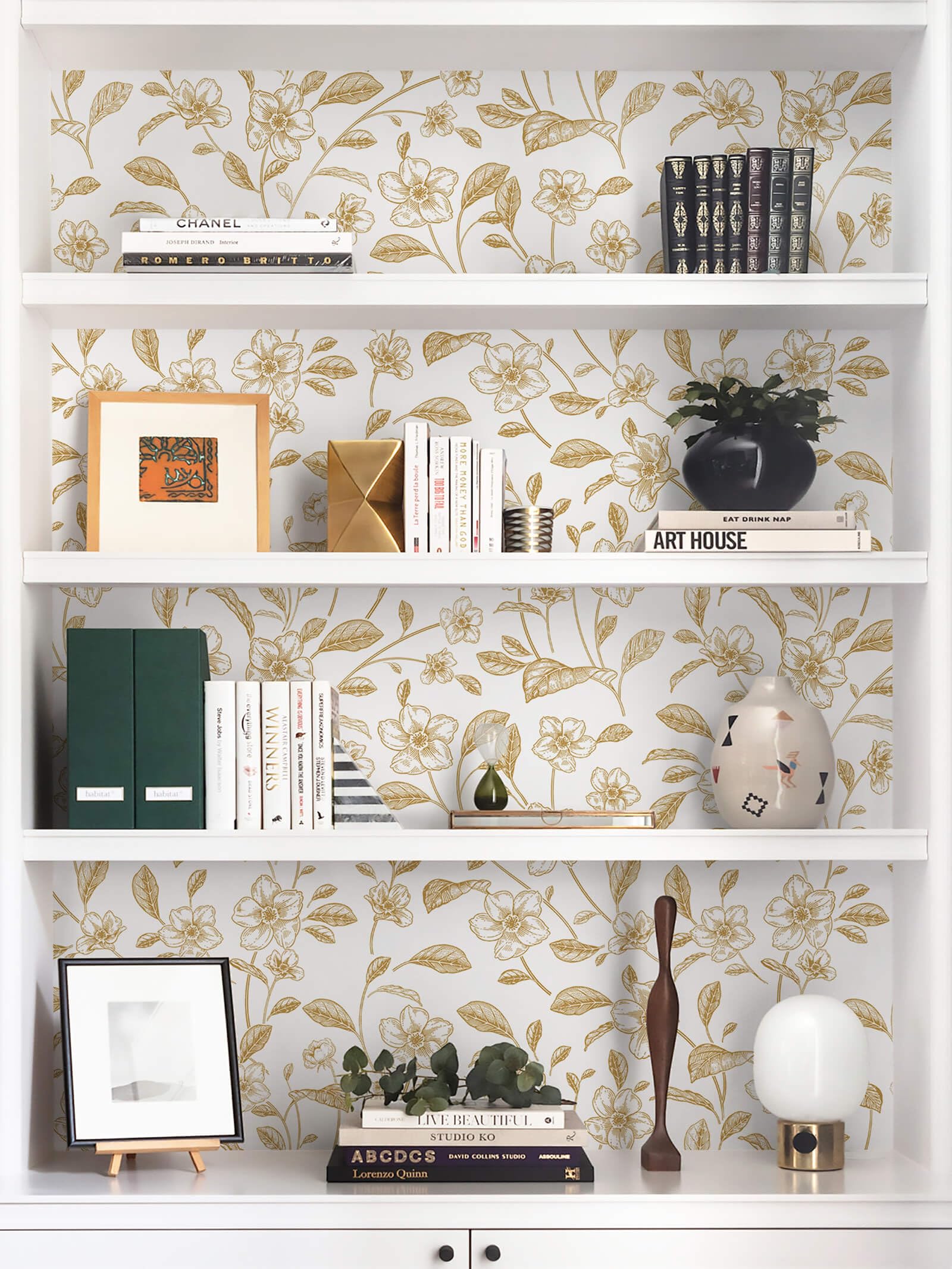 Heroad Brand Floral Peel and Stick Wallpaper Boho Contact Paper White and Gold Leaf Wallpaper Clearance Peel and Stick Wallpaper for Cabinets Shelf Liner Vinyl Roll Self Adhesive 78.7"x17.3"