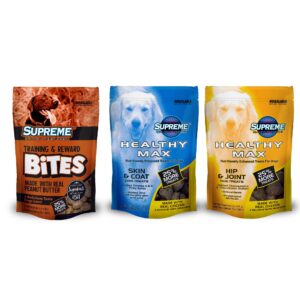 nutrisource supreme dog treats variety pack, hip & joint treats, skin & coat treats, peanut butter bites, 5 ounce (pack of 3)