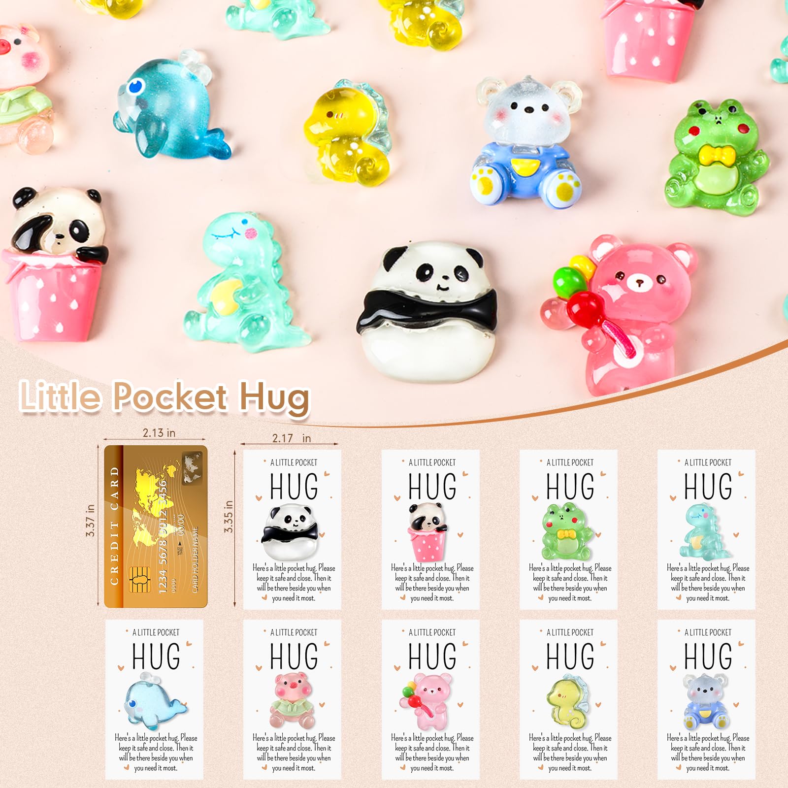 Wonderjune 9 Sets Little Resin Animal Pocket Hug Bulk Small Emotional Support Gifts with Inspirational Positive Pocket Hug Card for Appreciation Coworker Staff Friends Family Gifts (Cute Style)