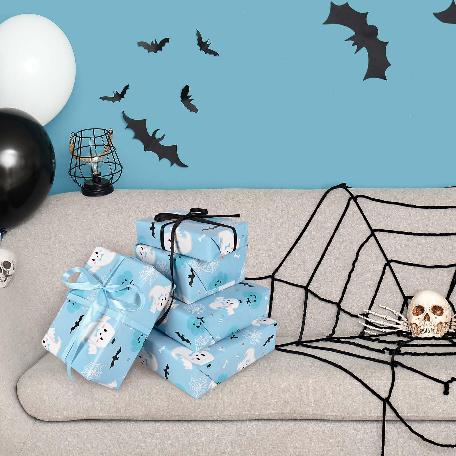 12 Sheets Halloween Wrapping Paper Blue Ghost Pumpkin Bat Printed Gift Wrap Paper Folded Flat Art Decorative Paper for Happy Boo Day Gifts Wrapping Baby Shower DIY Crafts, 19.7 x 27.5 inch