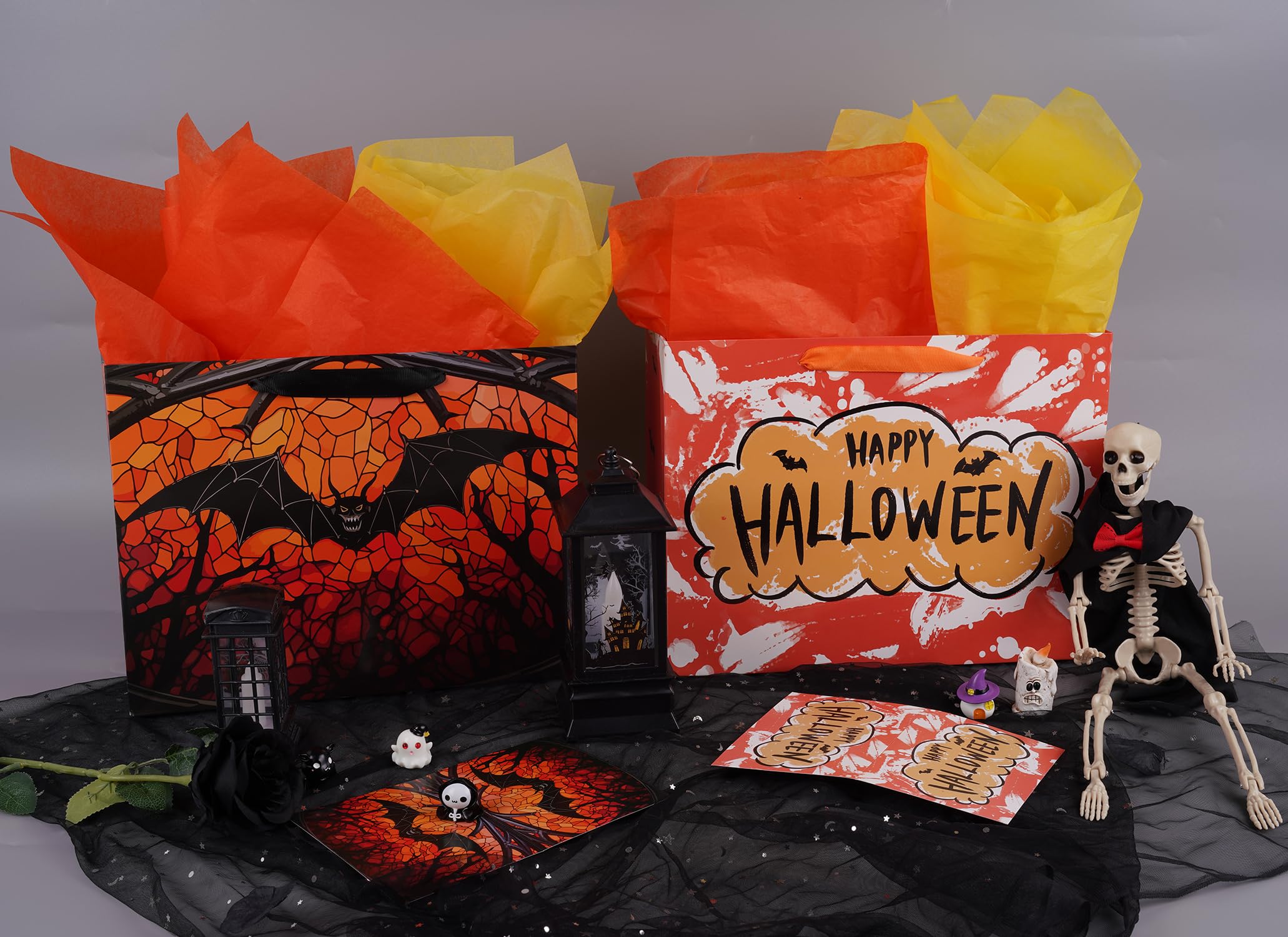 Linelglobal Halloween Bag with Wrapping Paper for Gift Wrapping, Kid Trick or Treat Bat 12.6" 2 Pack