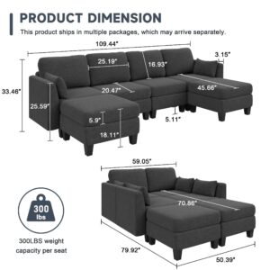 Huatean Home Modular Sectional Sofa, Convertible U Shaped Sofa Couch with High Density Memory Foam, 6 Seat Comfy Modular Sofa Couch for Living Room, Modern U Shaped Sectional Sofa, Dark Grey