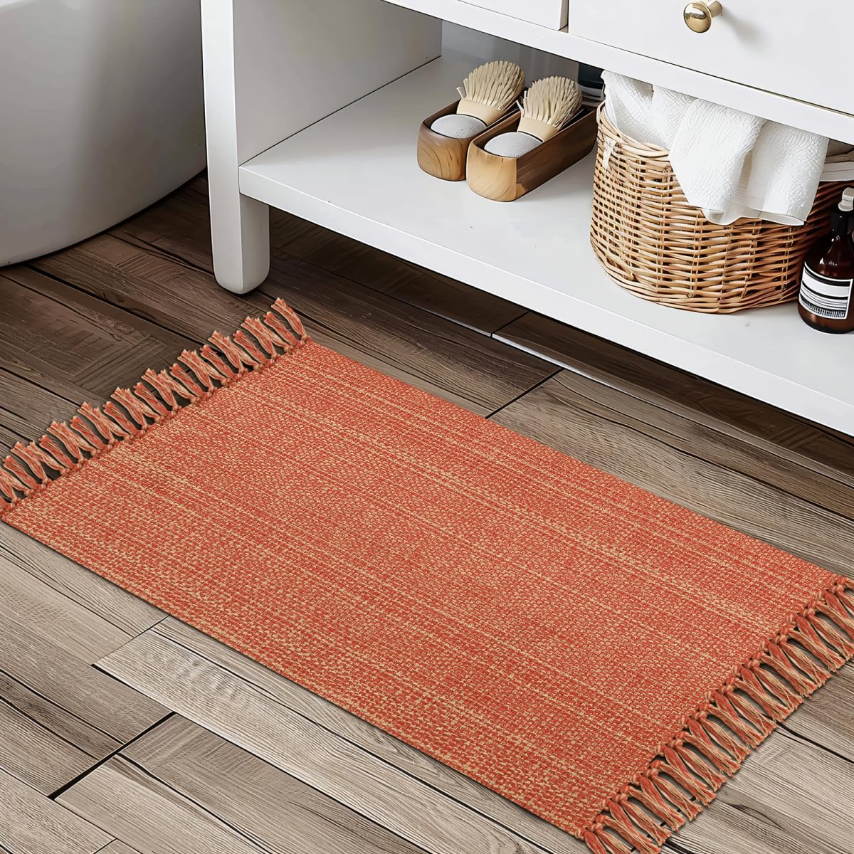 Boho Bathroom Rug, 2' x 3' Small Area Rug Hand-Woven Low Profile Entryway Rug with Tassels, Terracotta Cotton Braided Reversible Washable Kitchen Mat Farmhouse Fall Front Door Rug for Foyer Indoor