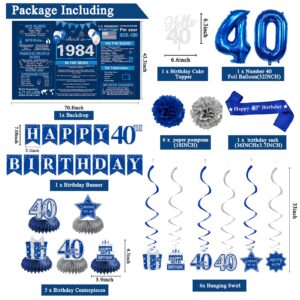 Crenics 40th Birthday Decorations for Men Women - Blue Back in 1984 Birthday Backdrop, 40th Birthday Banner, Hanging Swirls, Honeycomb, Sash and Cake Topper for 1984 Birthday Decorations