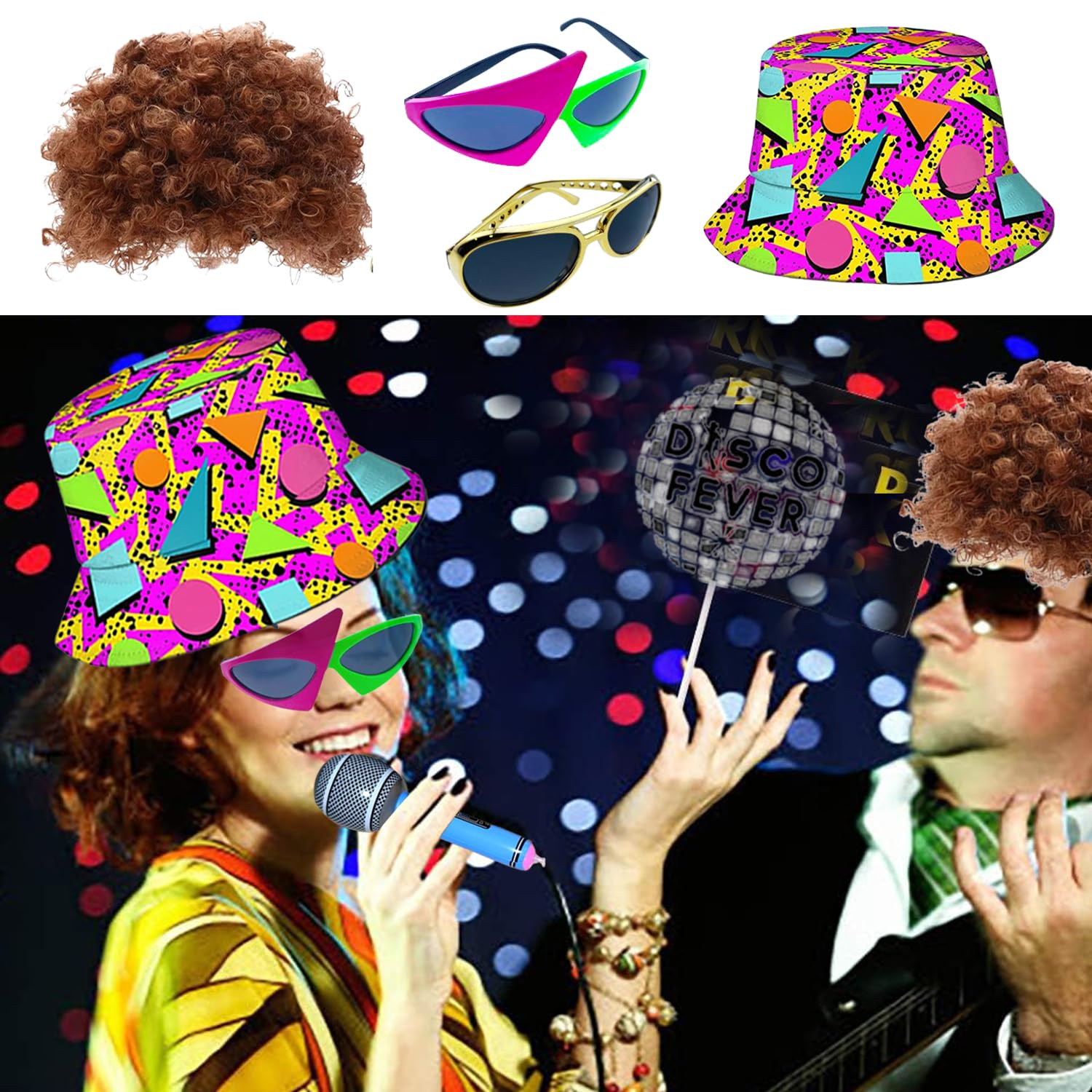 50 Pcs Rock Party Photo Booth Props Set for Adults, Funny Rock Star Party Sunglasses, Hats, Wigs, Inflatable, Photo Booth Props Kits for Graduation, Wedding, Birthday, Bachelorette and All Occasions