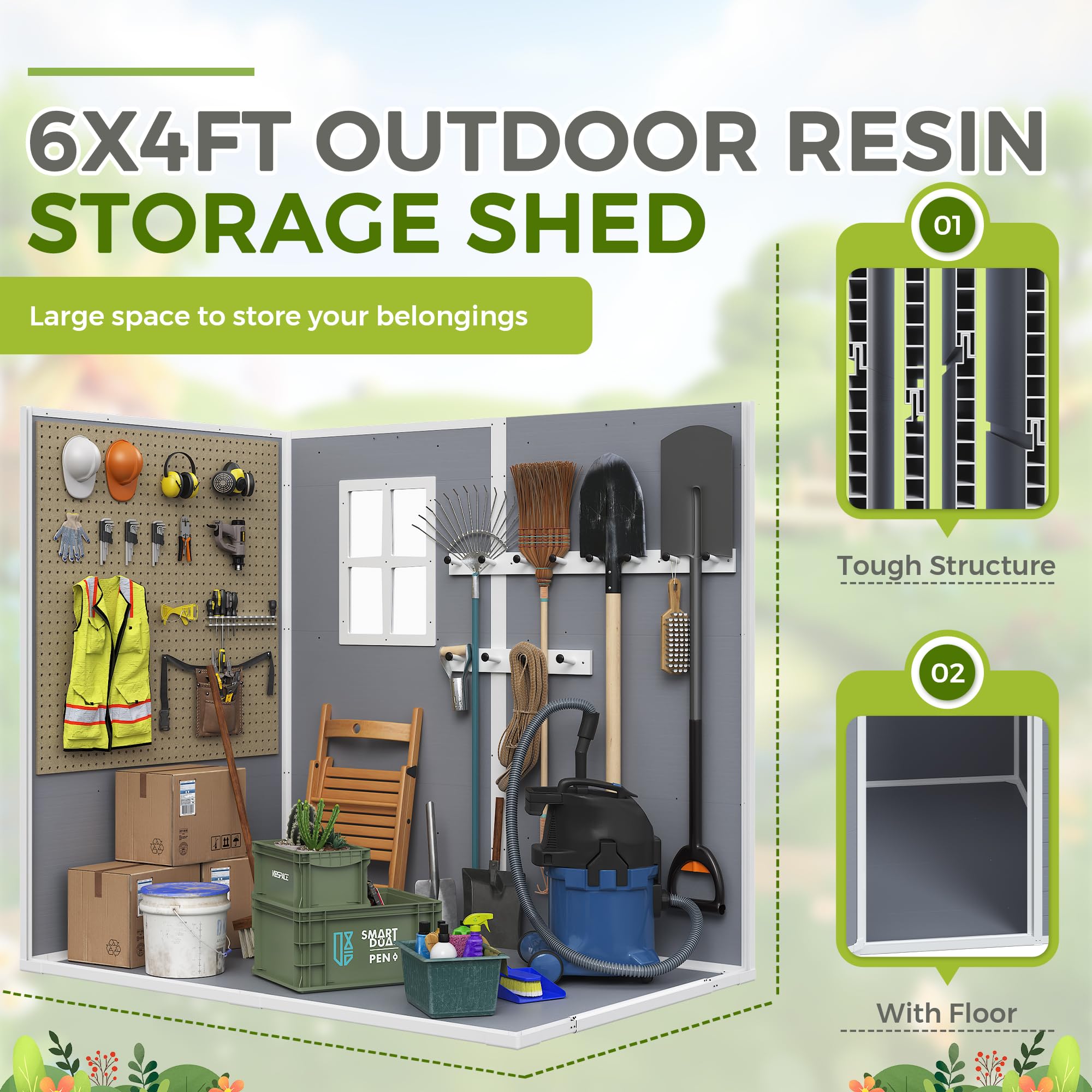 Greesum 6X4FT Resin Outdoor Storage Shed, All Weather Tool Room with Floor, Perfect for Storing Lawn Mowers, Garden Tools, Patio Furniture, Bicycles, Grey