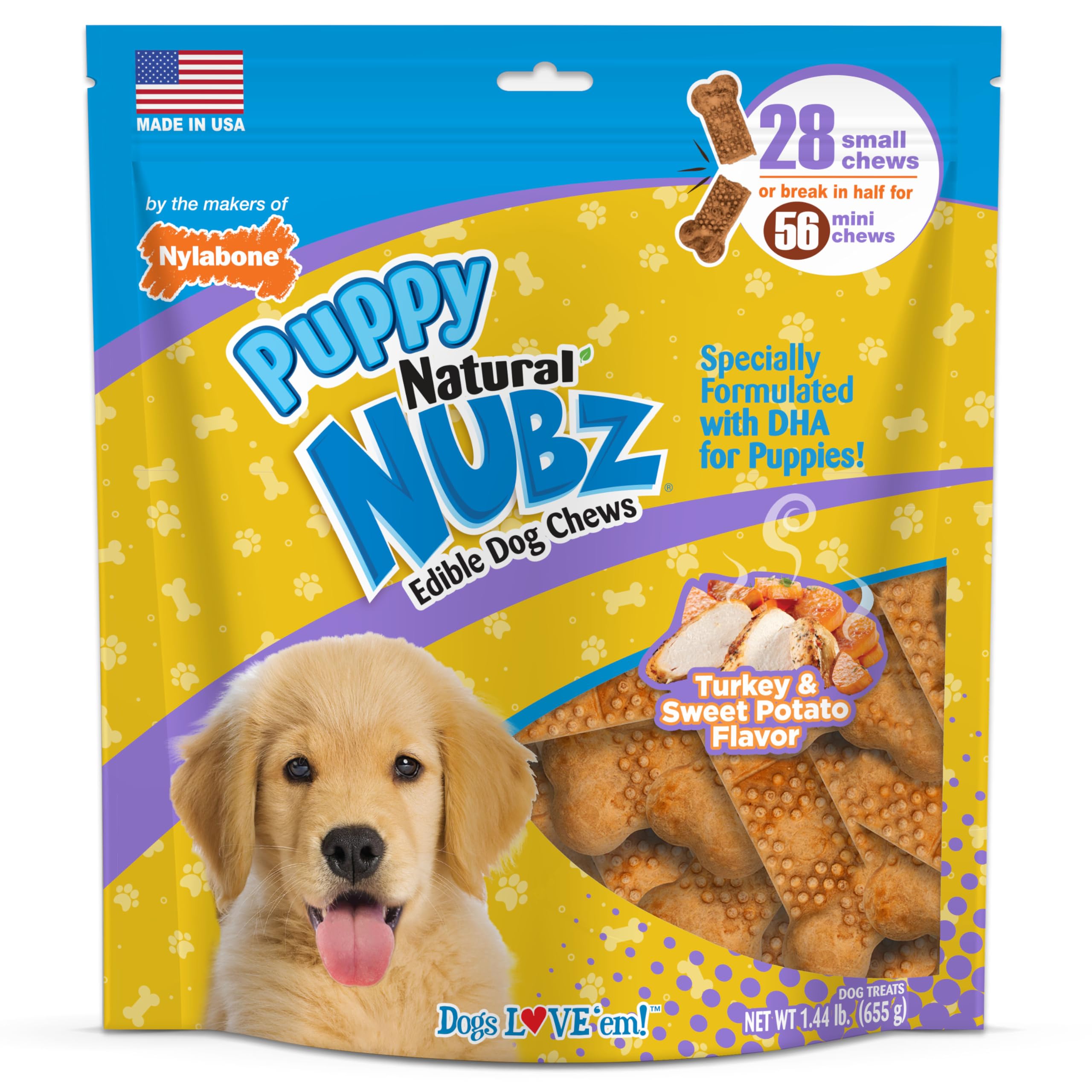 Nylabone Nubz Natural Edible Chew Treats for Puppies, Long Lasting Chews Made in USA, Turkey & Sweet Potato Flavor, Small - Up to 25 lbs. (28 Count)