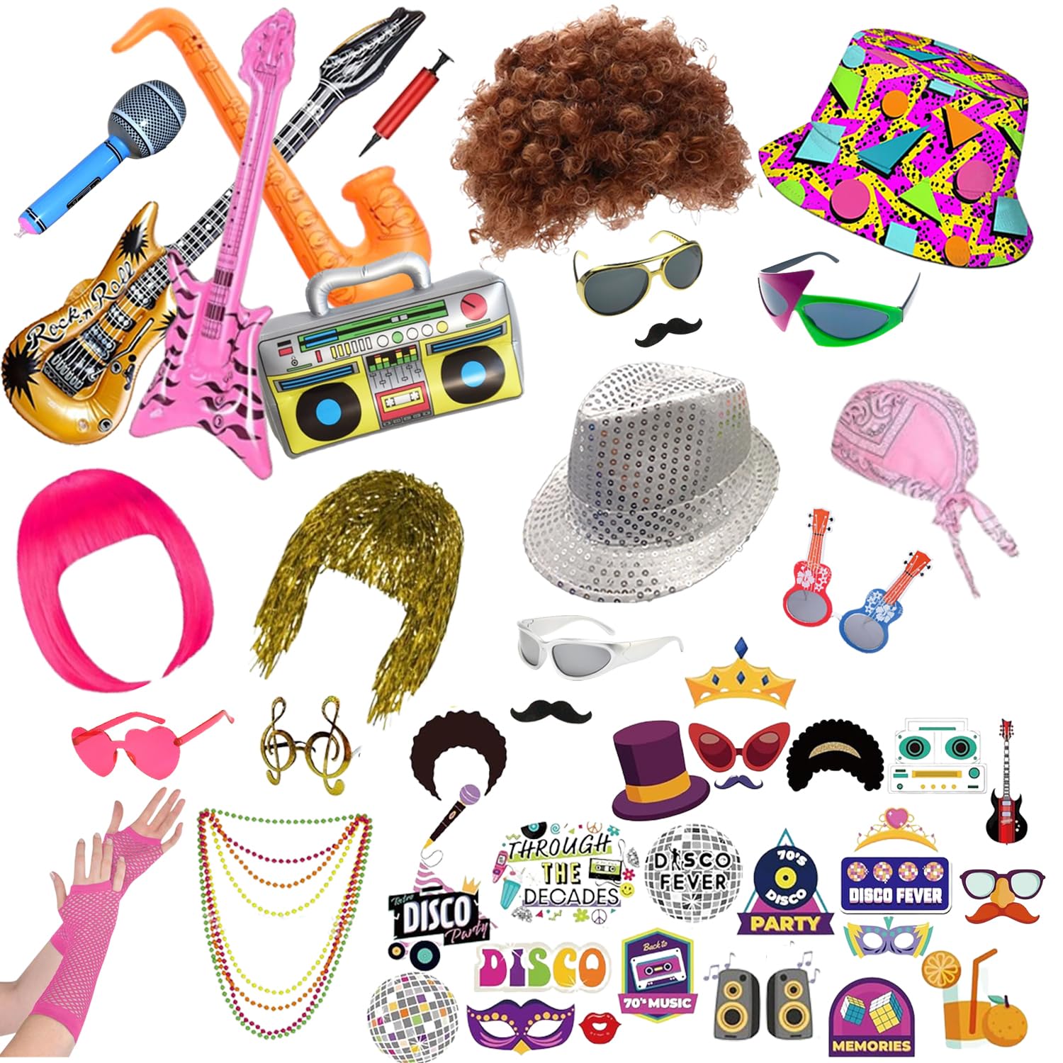 50 Pcs Rock Party Photo Booth Props Set for Adults, Funny Rock Star Party Sunglasses, Hats, Wigs, Inflatable, Photo Booth Props Kits for Graduation, Wedding, Birthday, Bachelorette and All Occasions