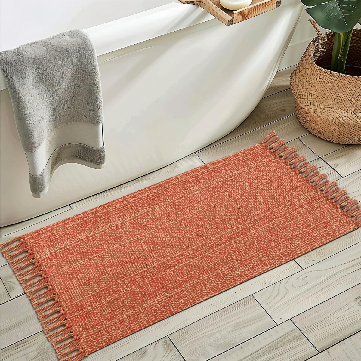 Boho Bathroom Rug, 2' x 3' Small Area Rug Hand-Woven Low Profile Entryway Rug with Tassels, Terracotta Cotton Braided Reversible Washable Kitchen Mat Farmhouse Fall Front Door Rug for Foyer Indoor