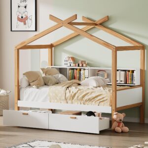 merax kids house beds with drawers & shelves,full wood storage low bed frames for boys,girls, no box spring need/easy assemble(full,white)