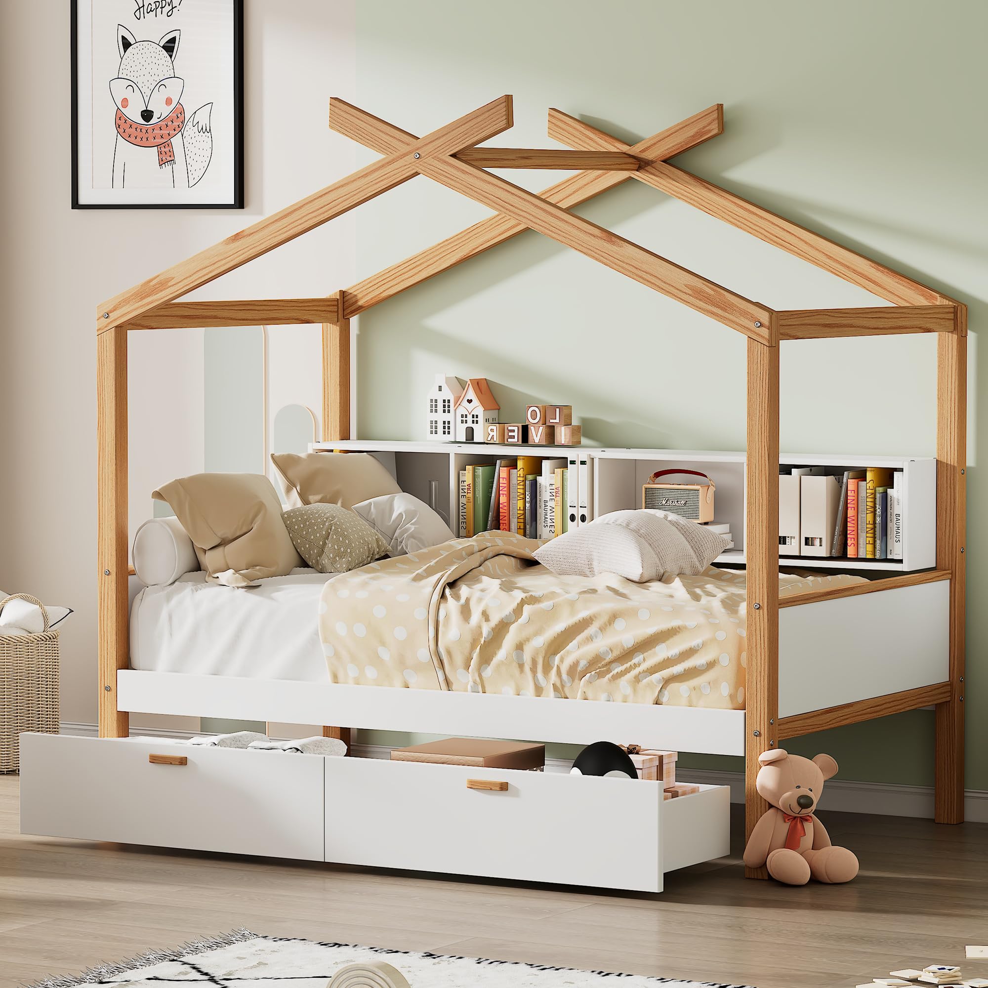 Merax Kids House Beds with Drawers & Shelves,Full Wood Storage Low Bed Frames for Boys,Girls, No Box Spring Need/Easy Assemble(Full,White)