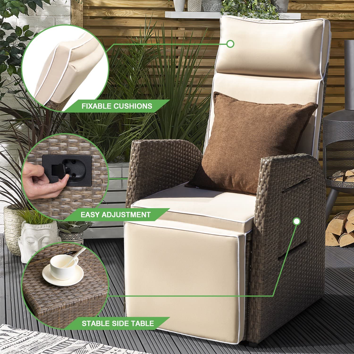 Greesum Patio Recliner All-Weather Wicker Outdoor Lounge Chair with Flip-up Side Table for Balcony, Porch, Lawn, Beige