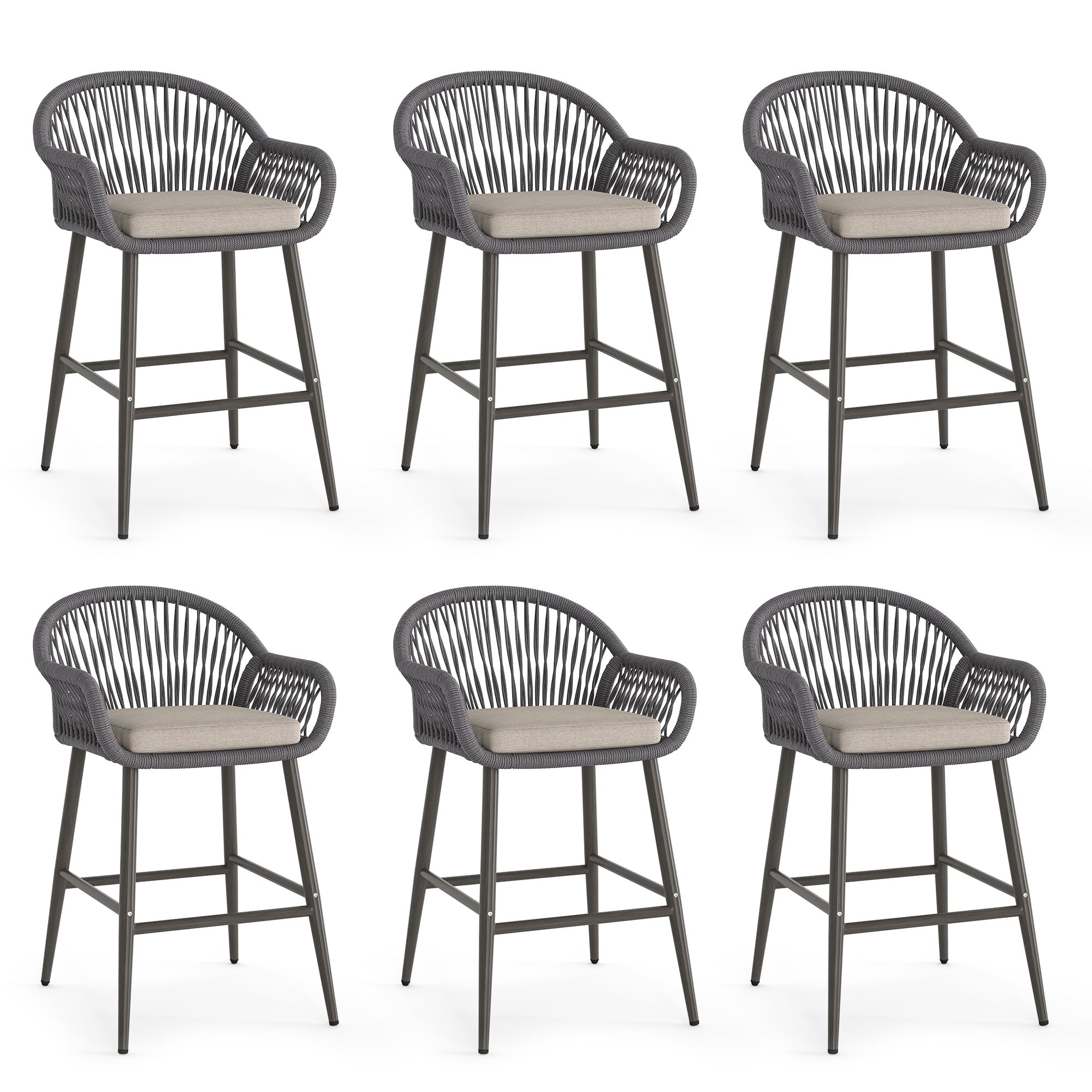 26.8" H Rattan Boho Outdoor Counter Height Bar Stools Set of 6, Woven Rope Backrest & Armrest Outdoor Barstools with Aluminum Legs for Kitchen Patio, Slate Gray