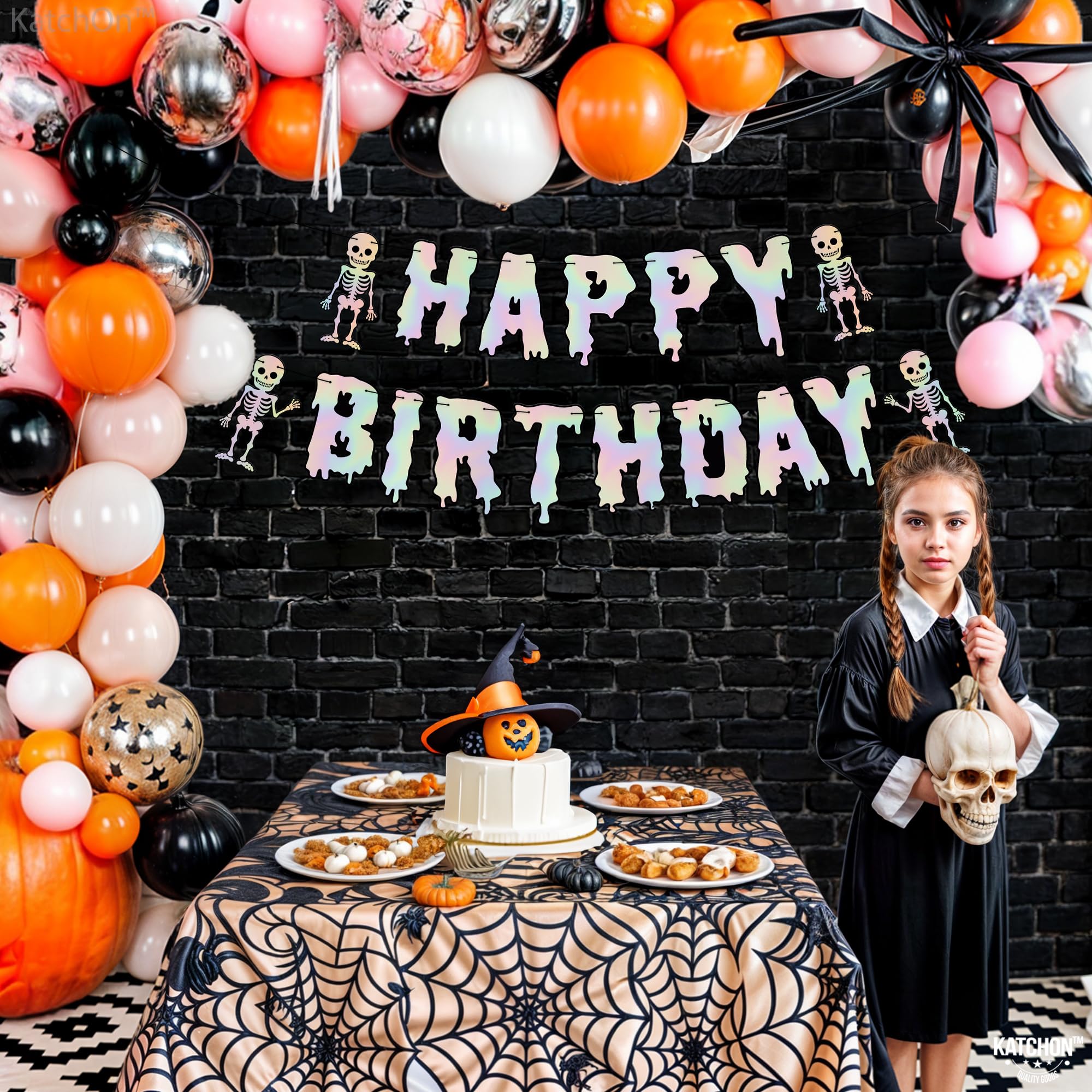 KatchOn, Iridescent Silver Halloween Birthday Banner - 10 Feet, No DIY | Halloween Happy Birthday Banner, Halloween Birthday Party Decorations | Happy Halloween Birthday Banner, Halloween Decorations